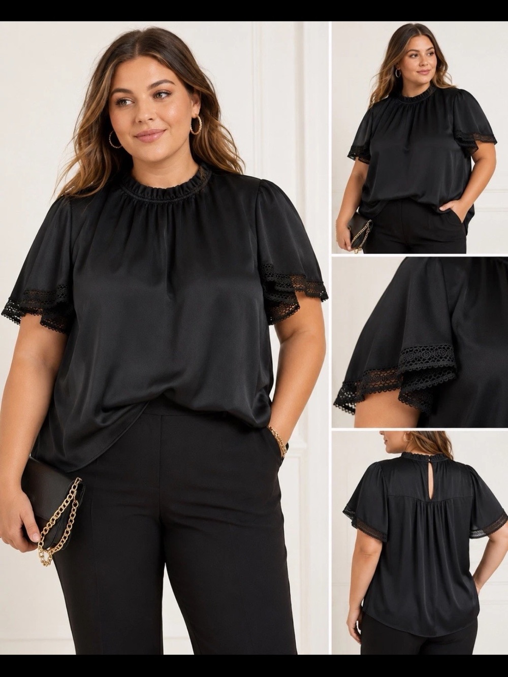 J Crew Black Satin Flutter Sleeve Blouse Womens 2X Ruffle Neck Elegant Top